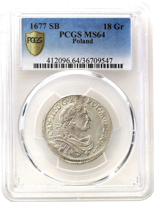 Jan III Sobieski. Ort (18 groszy) 1677 SB, Bydgoszcz PCGS MS64 (MAX)